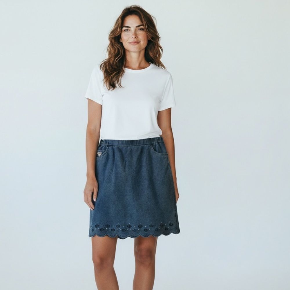 Quacker Factory Dream Jeannes Blue Denim Skort Embellished Stretch Small S